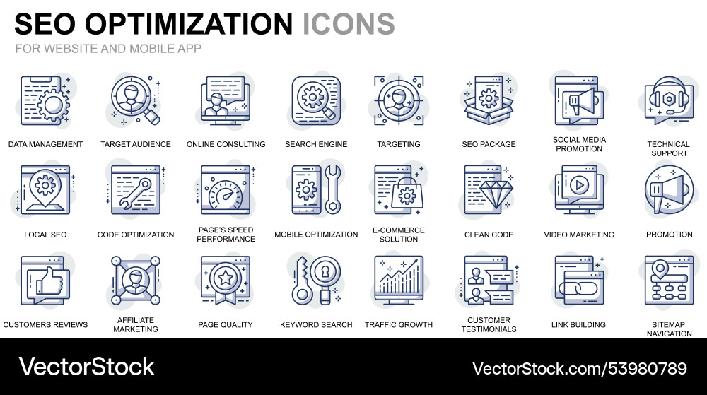 Simple set seo and web optimization line icons Vector Image