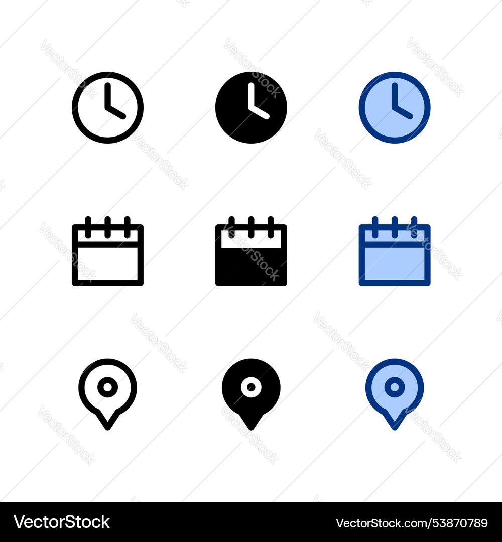 Time date and location icon set Time date and location icon set vector image