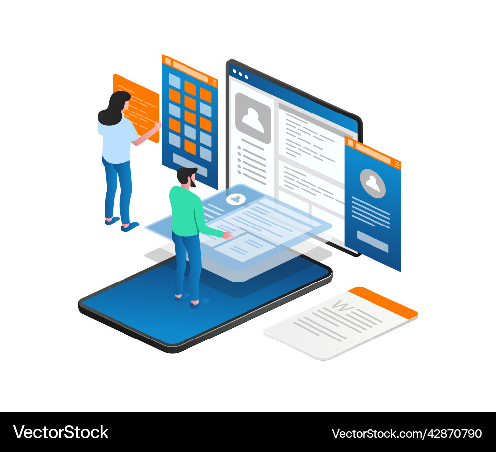 Concept of isometric team is designing a website Concept of isometric team is designing a website vector image