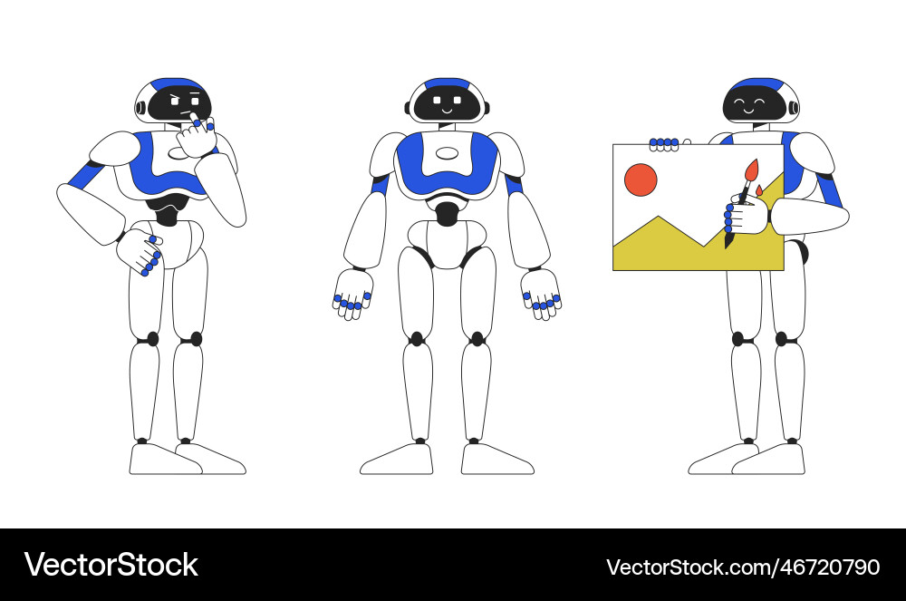 Humanoid robots ai performing tasks linear flat vector image