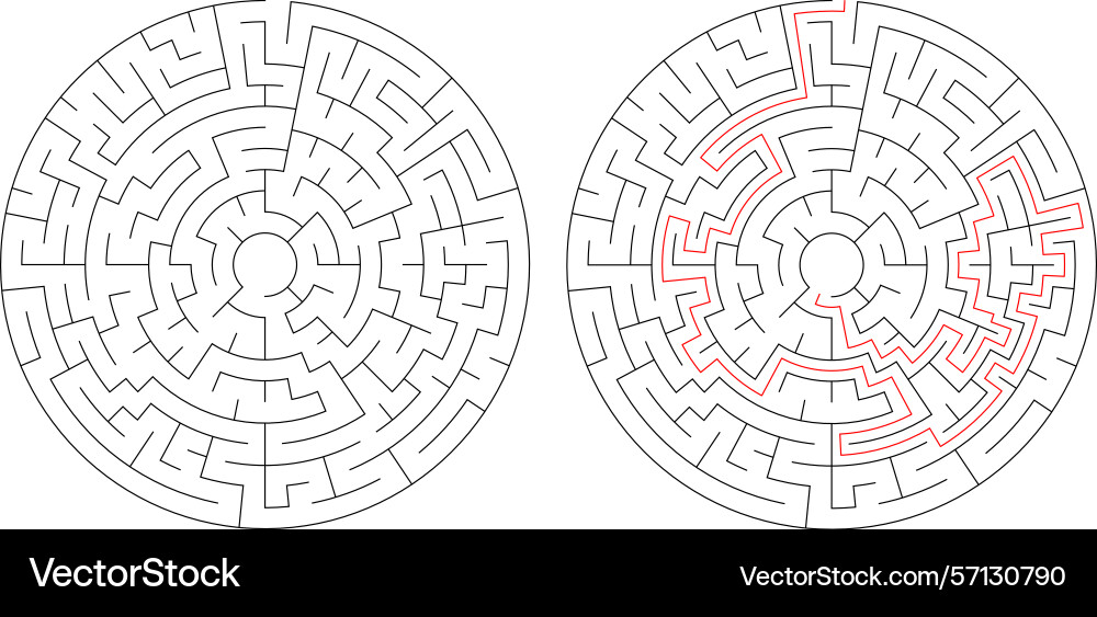 Mazes one solved with a red path Vector Image