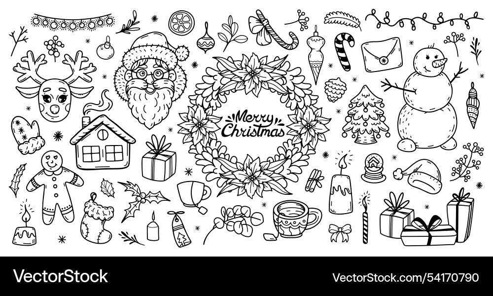 Merry christmas doodle set festive outline Merry christmas doodle set festive outline vector image
