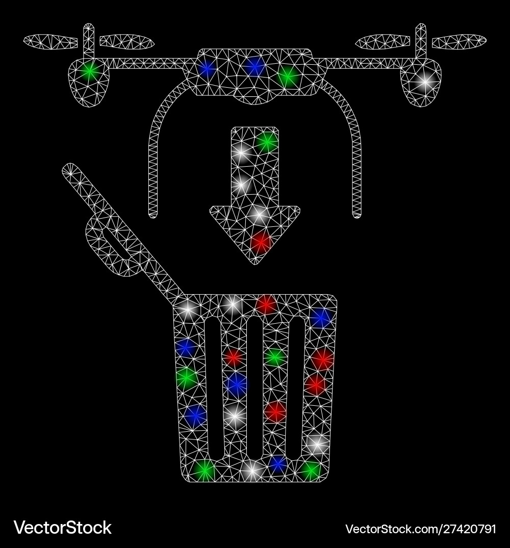 Bright mesh network drone drop trash with flash Bright mesh network drone drop trash with flash vector image