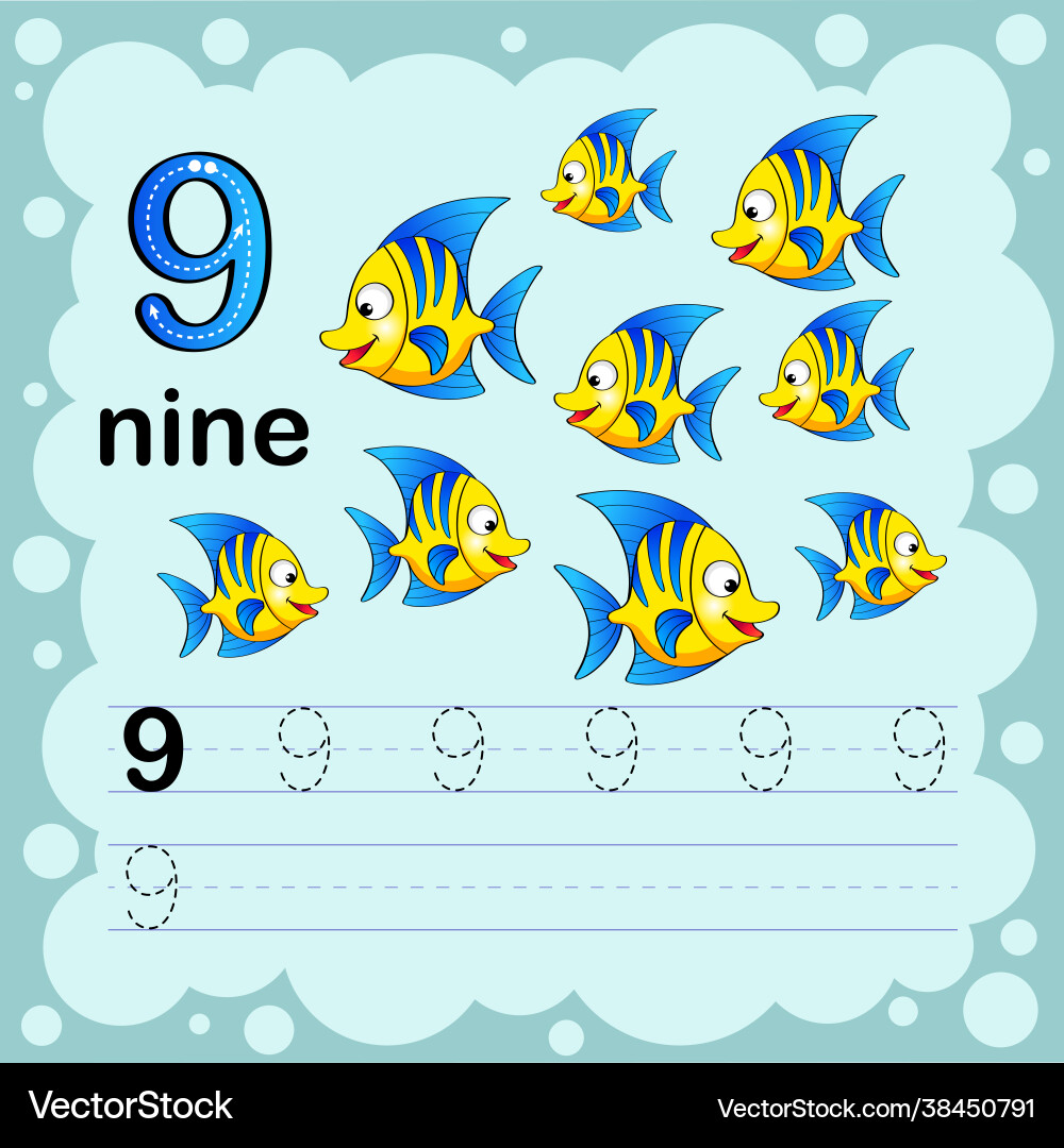 How to count and write a number nine fish How to count and write a number nine fish vector image