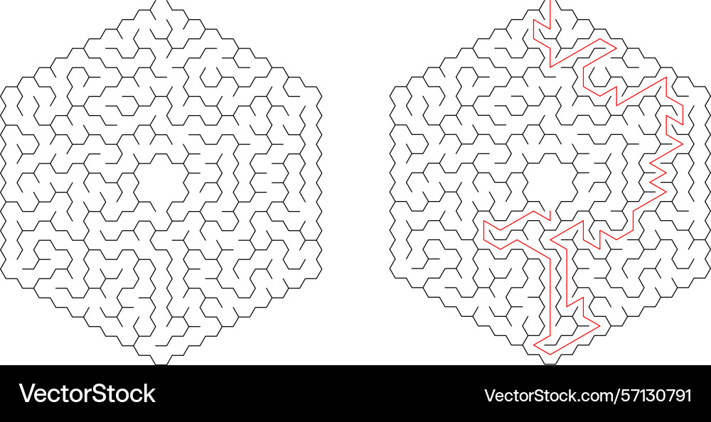 Mazes one solved with a red path Mazes one solved with a red path vector image