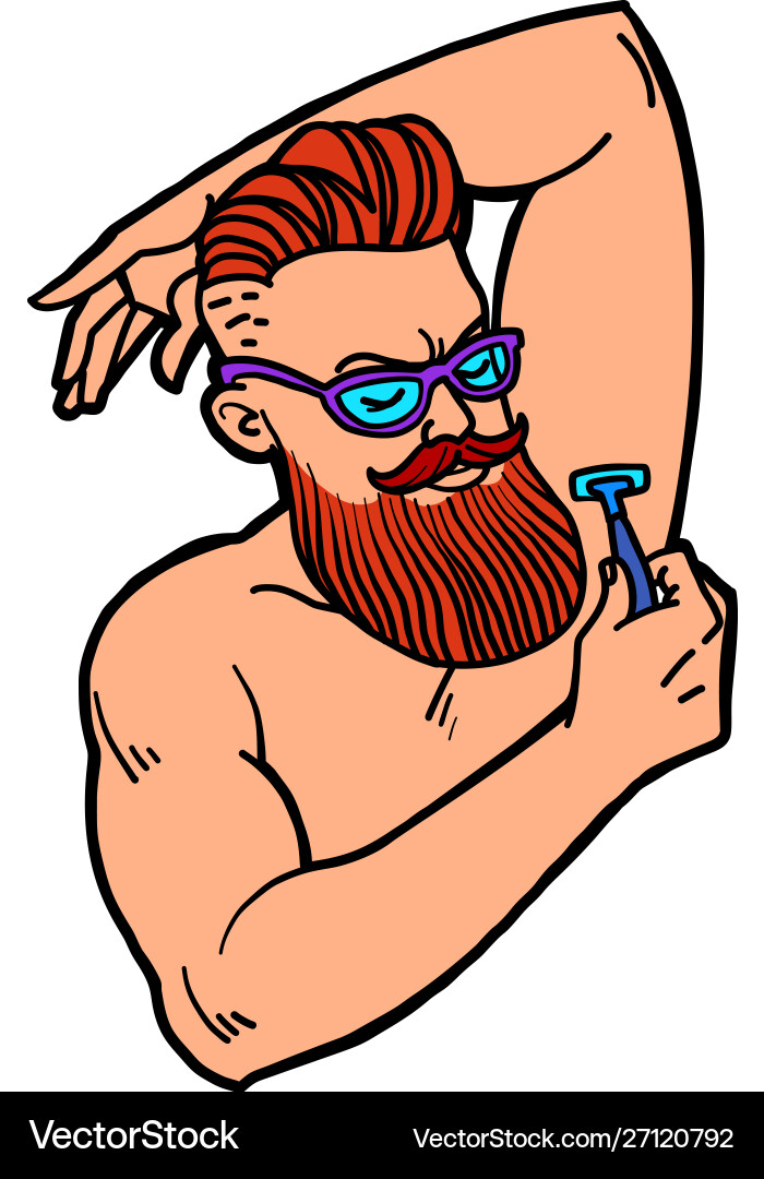 Bearded hipster man shaves his armpit with a razor Bearded hipster man shaves his armpit with a razor vector image