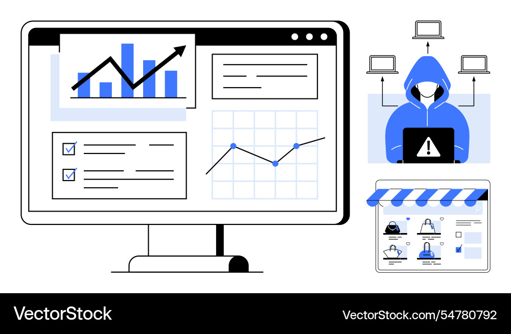 Data analysis on large monitor with hacker working Vector Image