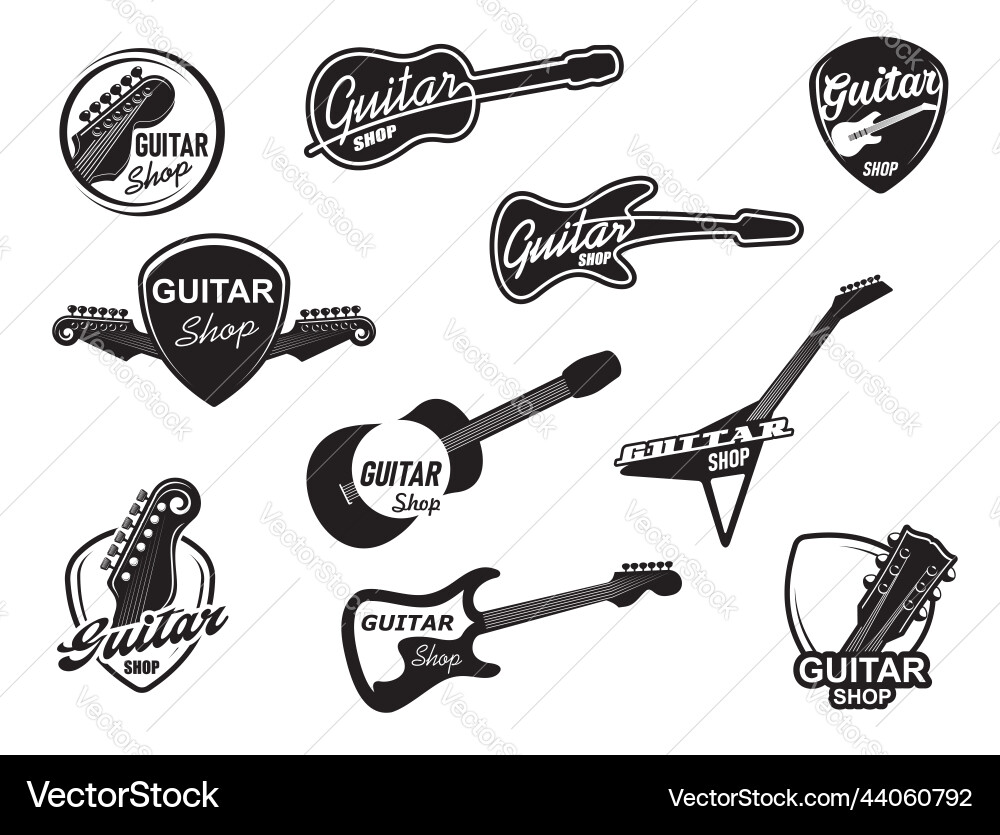 Elektrische und akustische Gitarren-Musik-Shop-Ikonen Elektrische und akustische Gitarren-Musik-Shop-Ikonen vektorbild