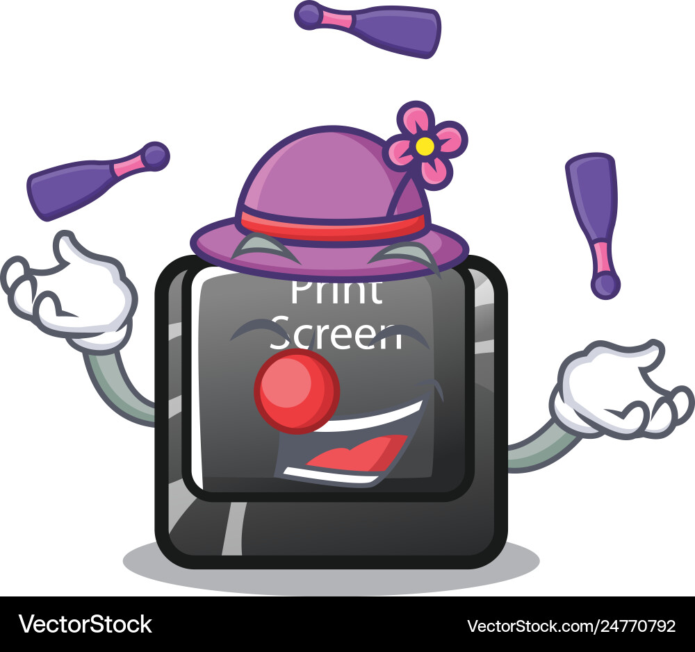 Juggling print screen button on cartoon keyboard Juggling print screen button on cartoon keyboard Vector Image