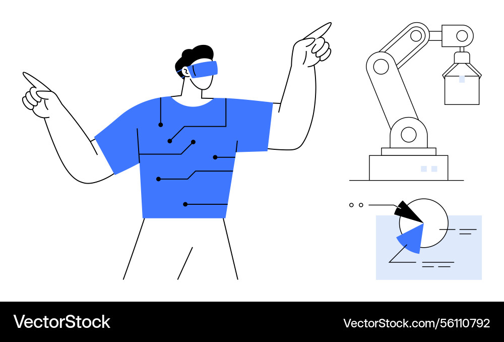 Man using virtual reality with circuitry graphics Man using virtual reality with circuitry graphics Vector Image