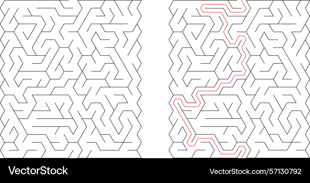 Mazes one solved with a red path vector image