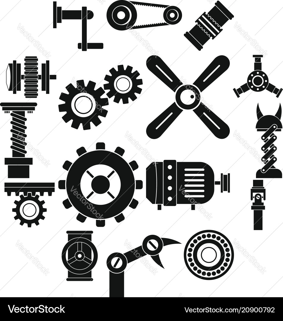 Techno mechanisms kit icons set simple style Techno mechanisms kit icons set simple style vector image