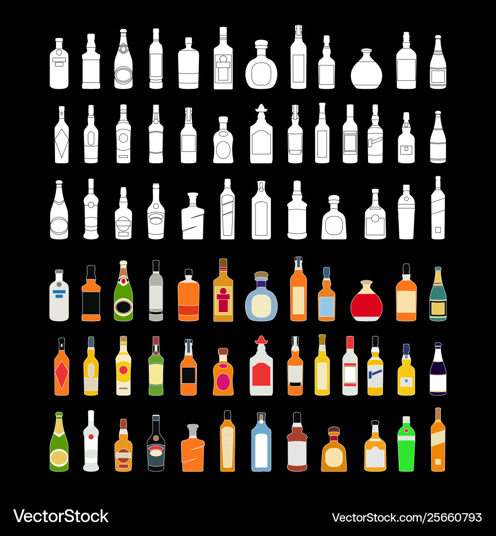 Alcohol bottles line icons set drinks object Alcohol bottles line icons set drinks object vector image