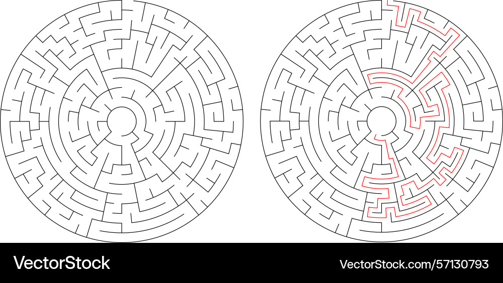 Mazes one solved with a red path vector image