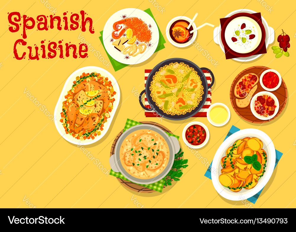 Spanische Küche Meeresfrüchte und Fleischgerichte Ikone Spanische Küche Meeresfrüchte und Fleischgerichte Ikone vektorbild