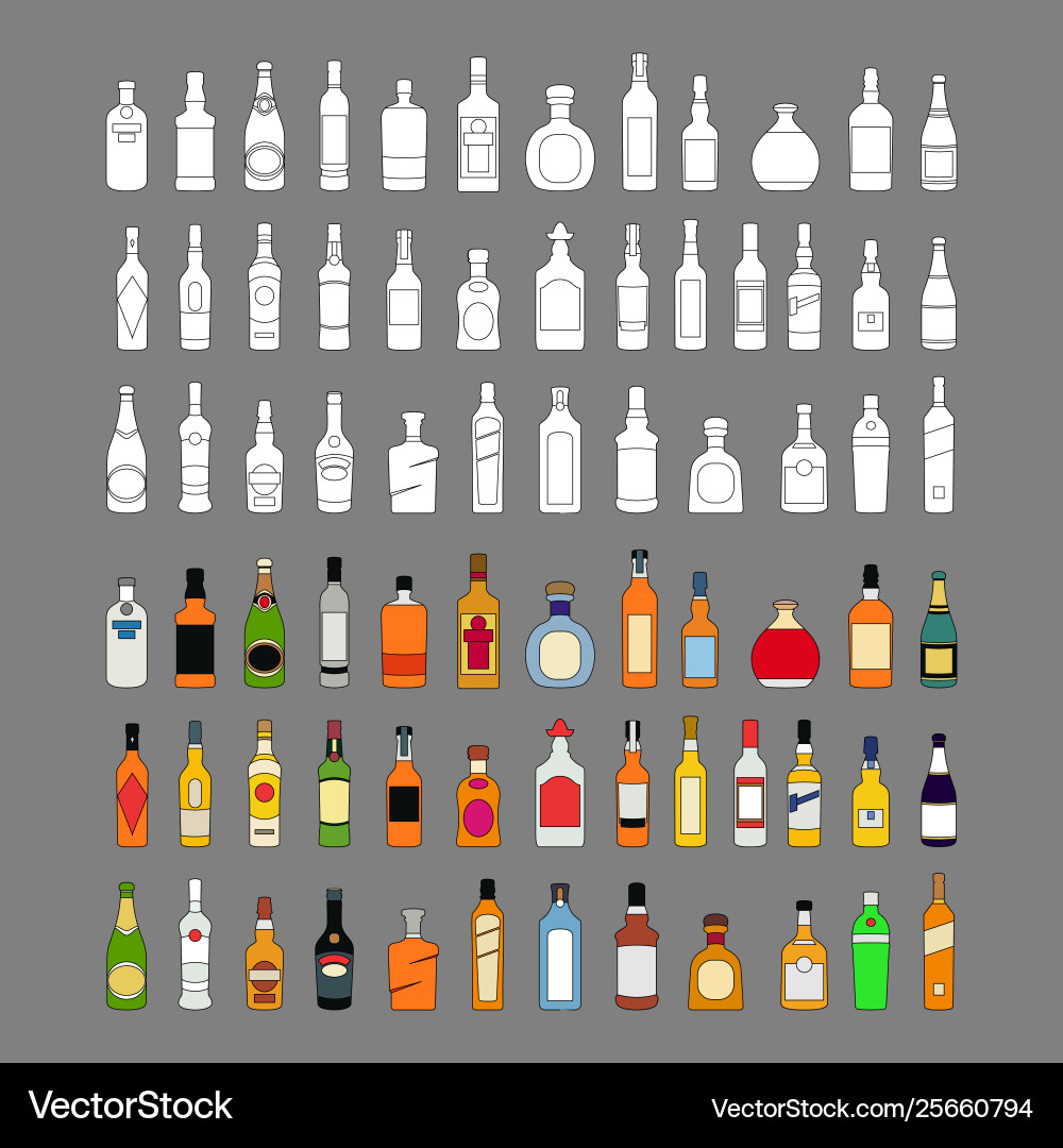 Alcohol bottles line icons set drinks object Alcohol bottles line icons set drinks object vector image