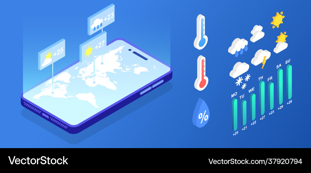 Isometric weather forecast application elements Vector Image