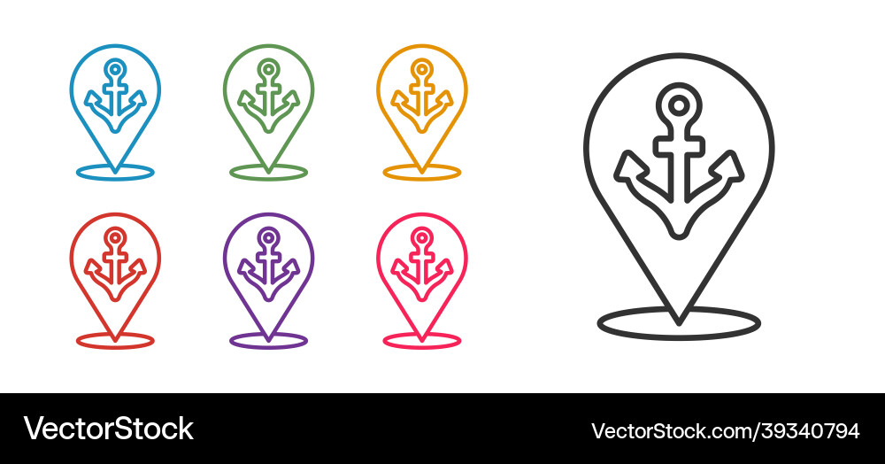 Set line map pointer with anchor icon isolated Vector Image