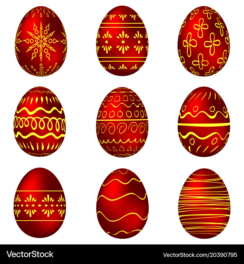 A set of red easter eggs with patterns vector image