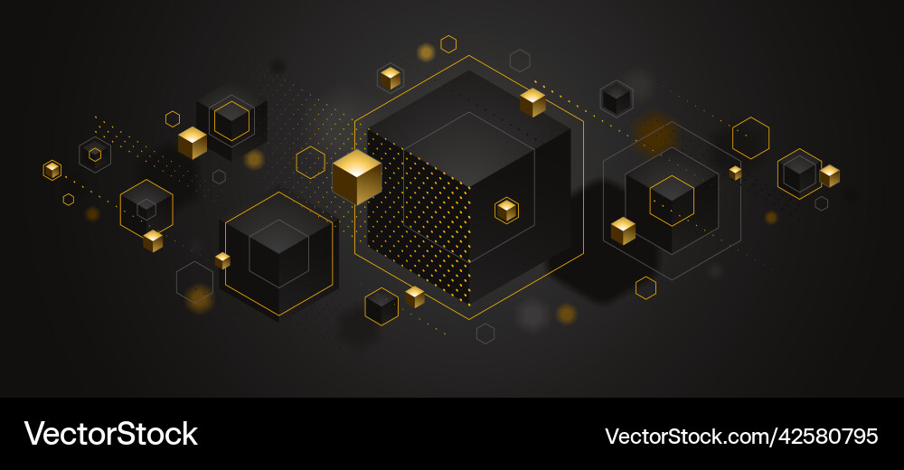Cubes cluster with golden elements lines and dots Cubes cluster with golden elements lines and dots Vector Image