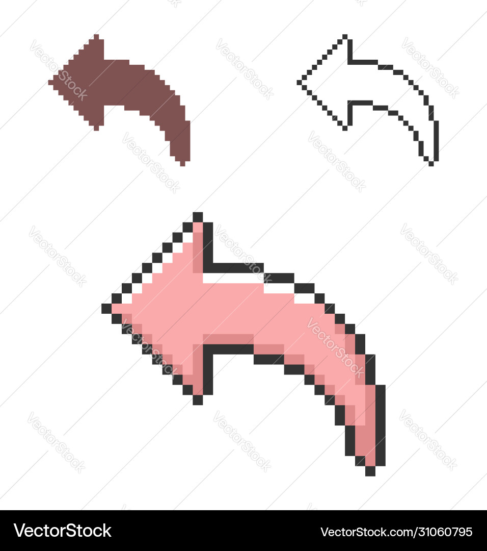 Pixel icon left curved arrow in three variants Pixel icon left curved arrow in three variants vector image