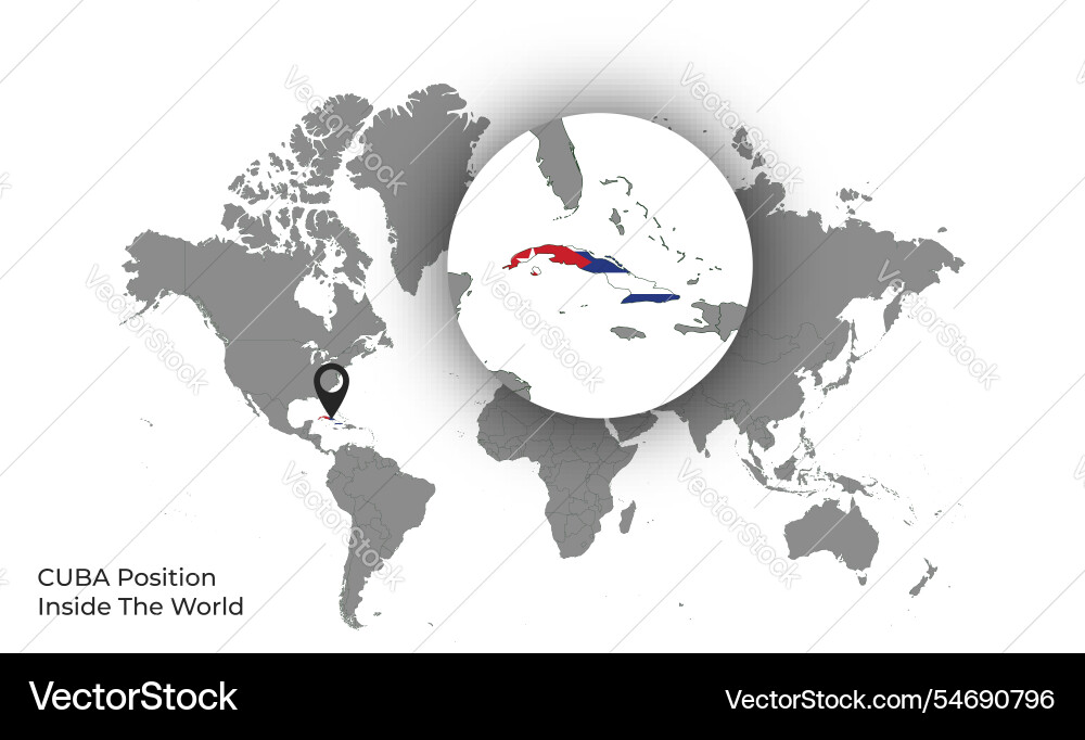 Cuba position inside the world with flag in map Vector Image