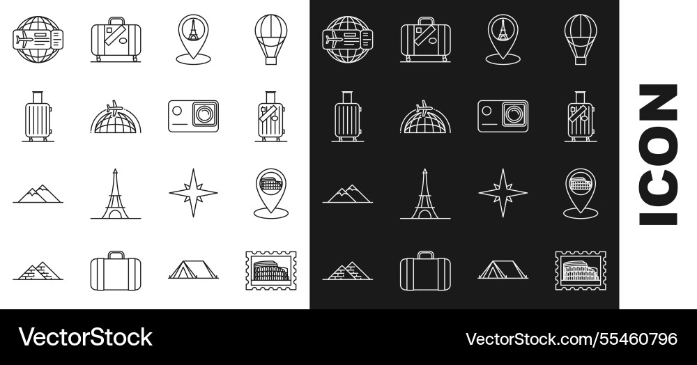 Set line postal stamp and coliseum map pointer Set line postal stamp and coliseum map pointer vector image