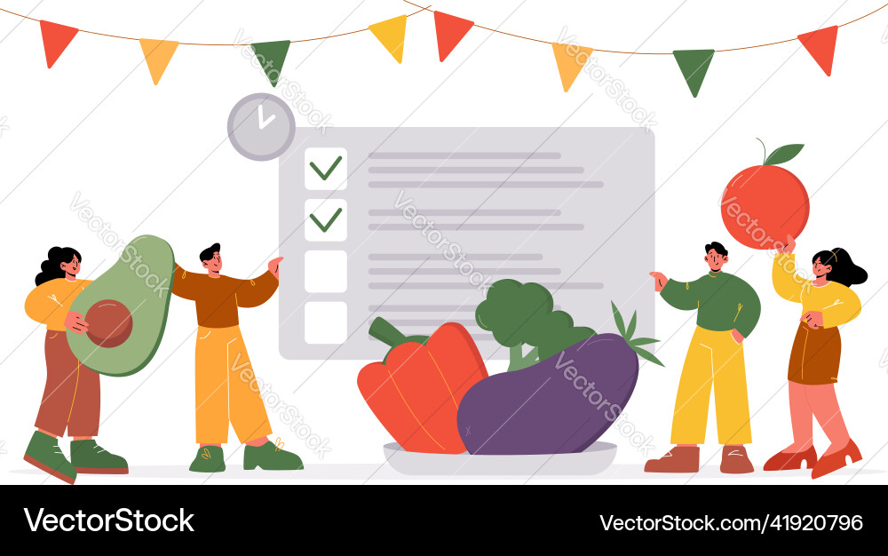 Tiny characters write list healthy eating products Tiny characters write list healthy eating products vector image