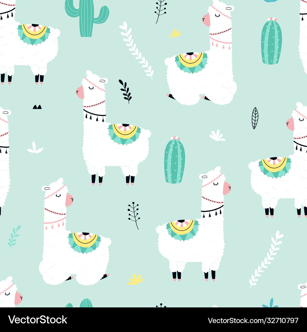Cute Llama Pattern - Seamless Print Vector Image