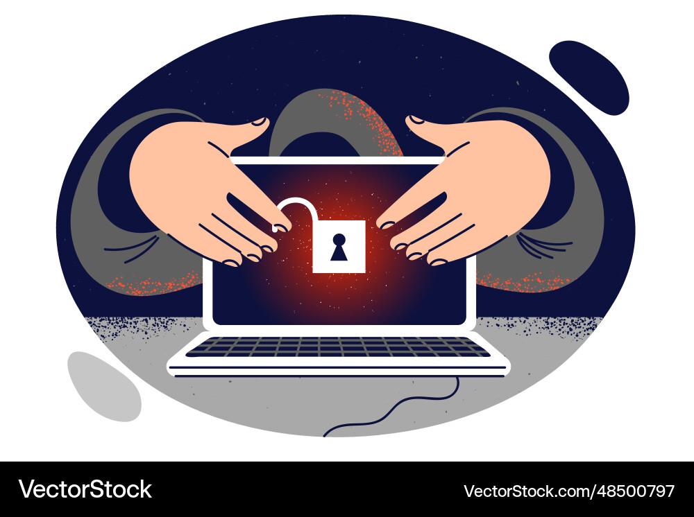 Hands hacker near laptop with lock on display Hands hacker near laptop with lock on display vector image