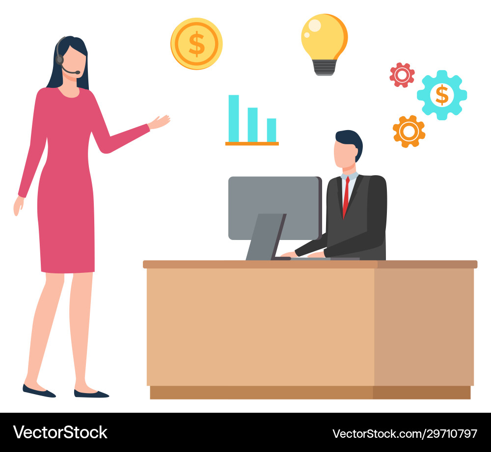 Man working with computer woman in headset Man working with computer woman in headset vector image