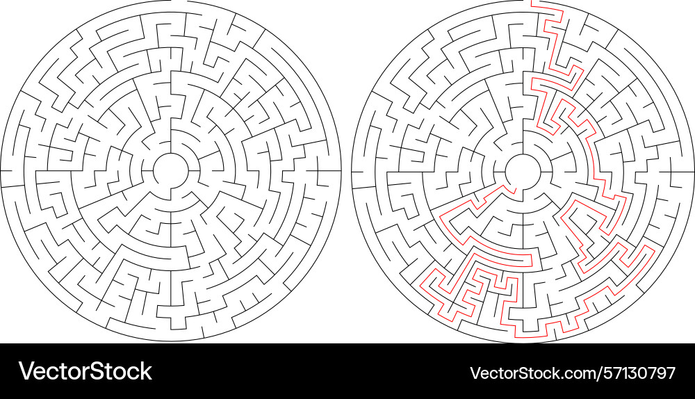 Mazes one solved with a red path vector image