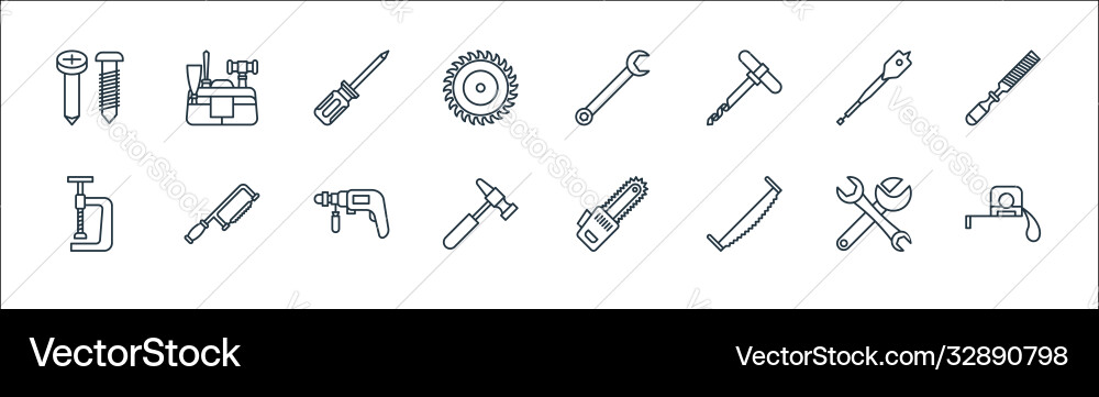 Carpentry line icons linear set quality Carpentry line icons linear set quality vector image