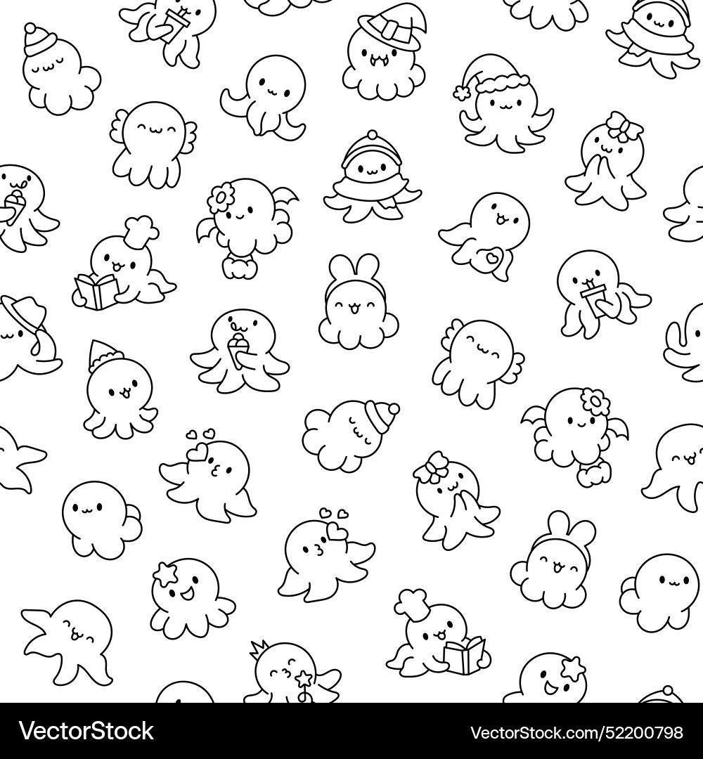 Cute kawaii happy octopus coloring page Royalty Free Vector