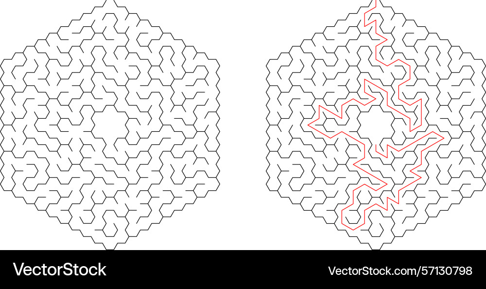 Mazes one solved with a red path Vector Image