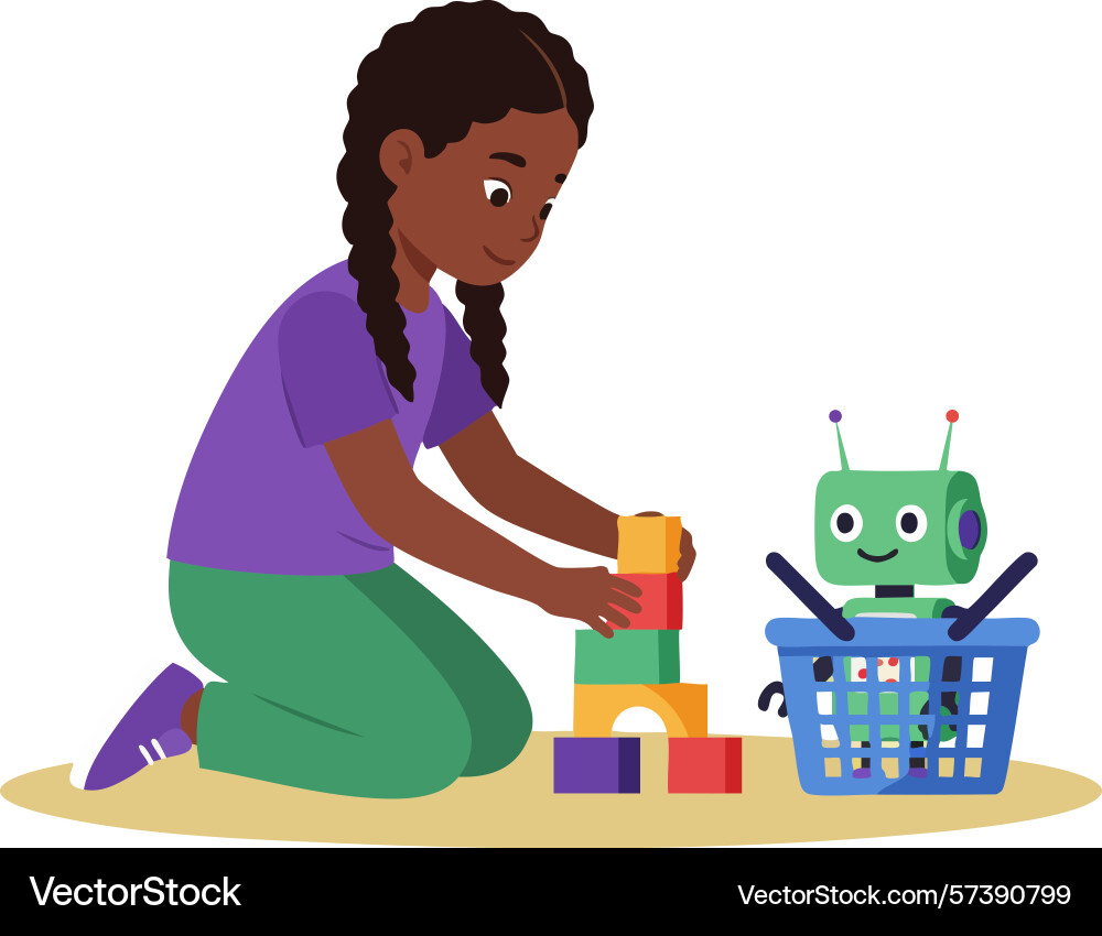 Child playing with building blocks and toy robot Child playing with building blocks and toy robot Vector Image