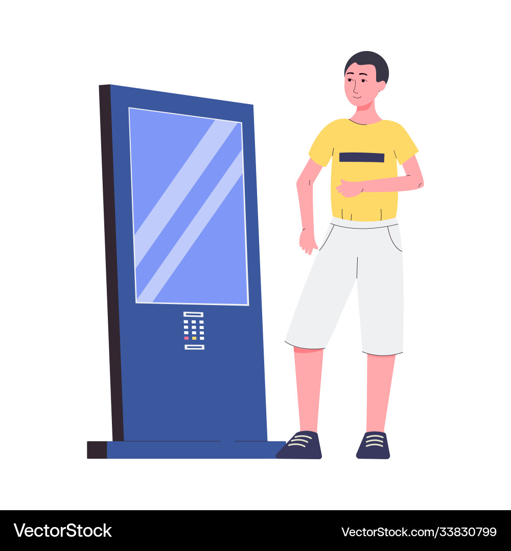 Man using service interactive display stand flat vector image