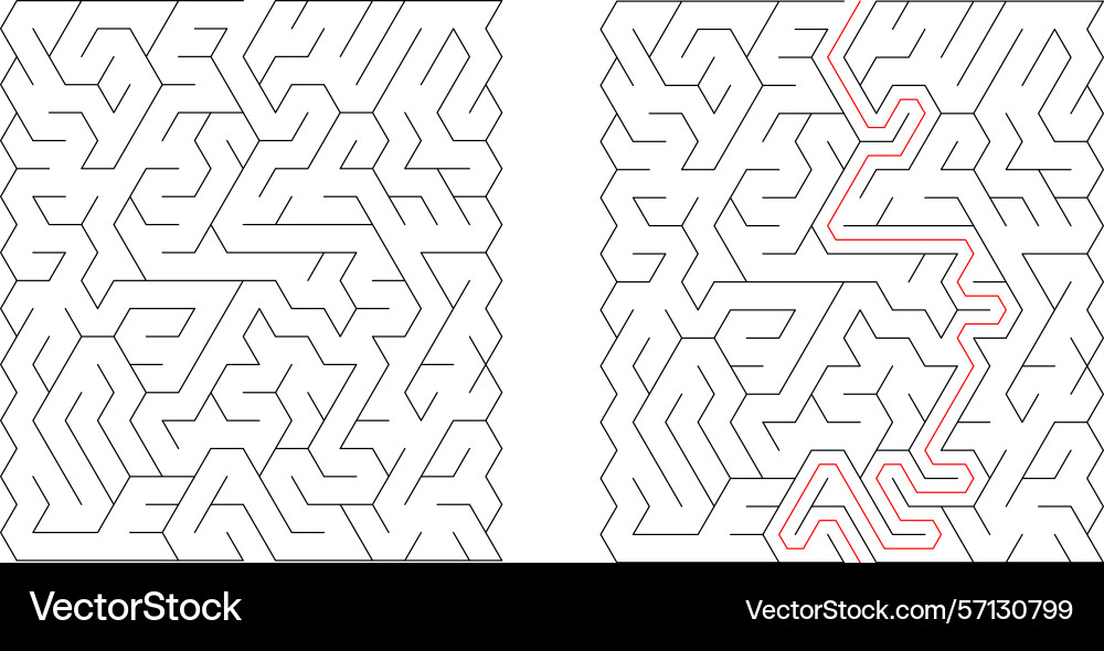 Mazes one solved with a red path Mazes one solved with a red path vector image