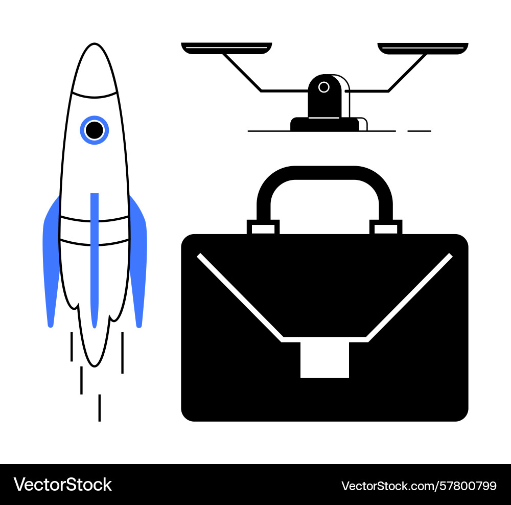 Rocket launch scale and briefcase representing Rocket launch scale and briefcase representing vector image