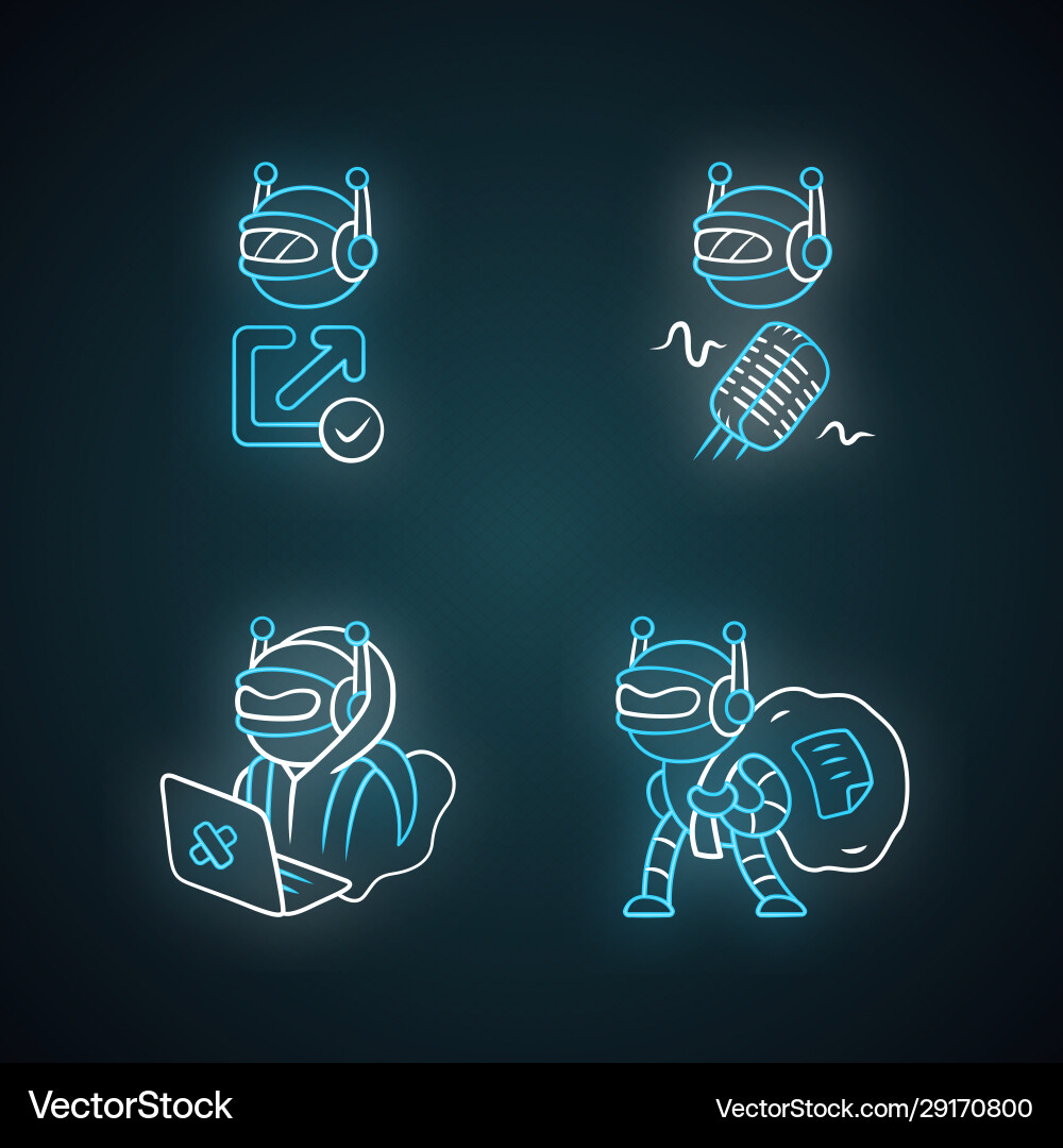 Bot types neon light icons set hacker backlink Bot types neon light icons set hacker backlink Vector Image