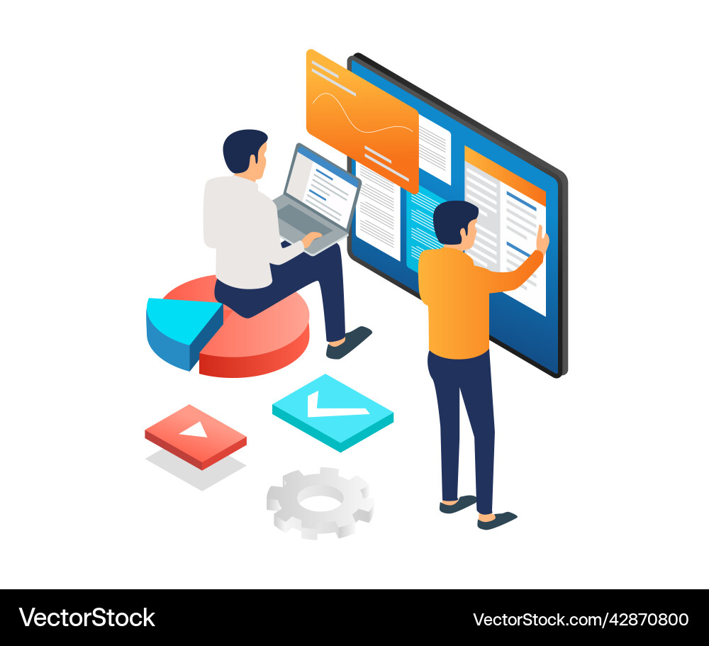 Creative team is compiling data on monitor Creative team is compiling data on monitor vector image