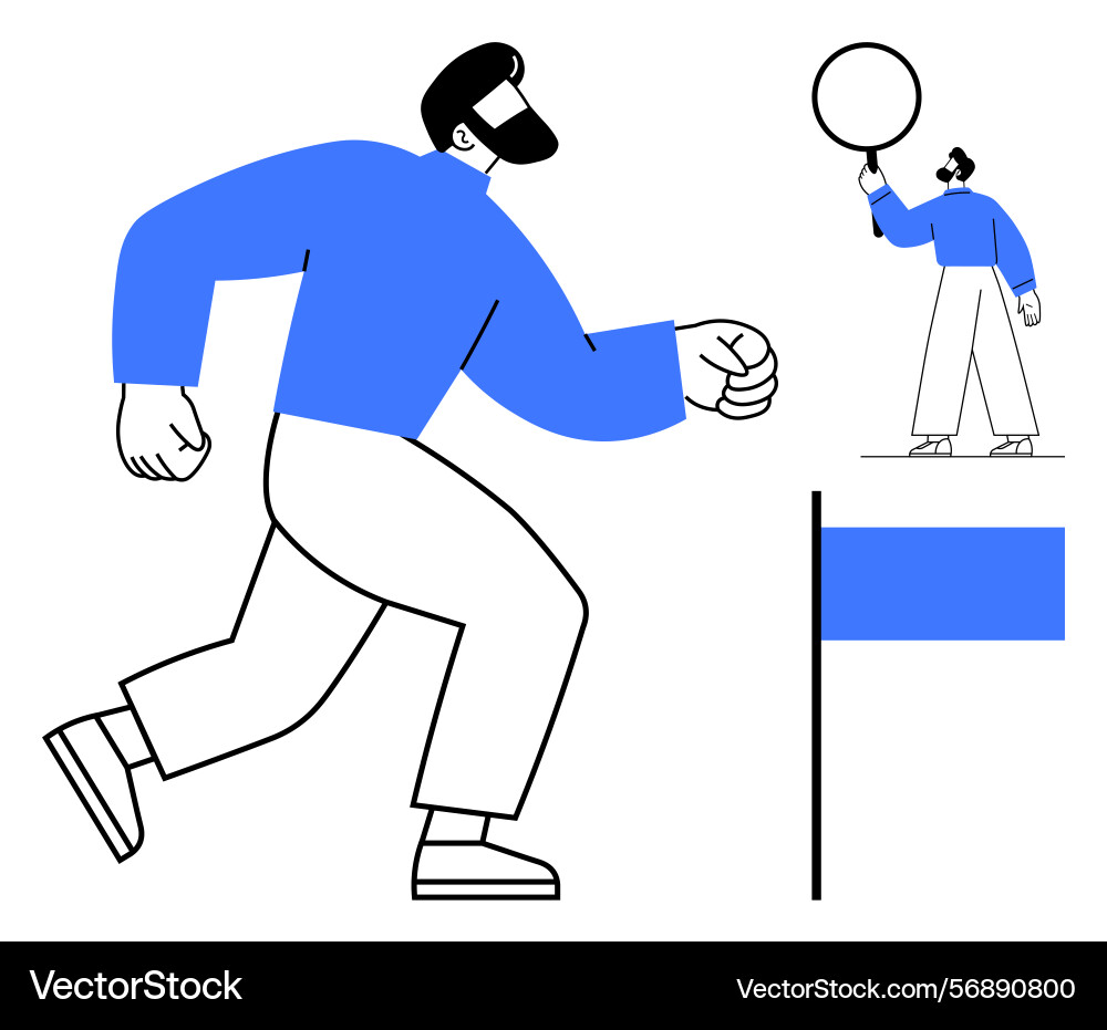 Man running towards goal with flag and individual Man running towards goal with flag and individual vector image