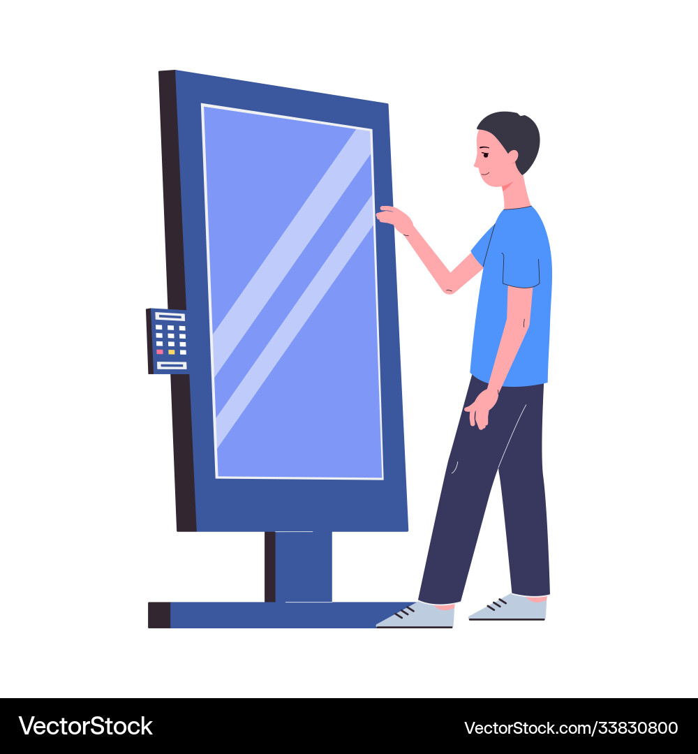 Man using interactive kiosk stand with display Man using interactive kiosk stand with display Vector Image