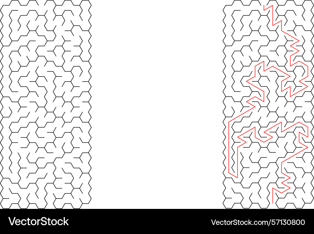 Mazes one solved with a red path Mazes one solved with a red path vector image