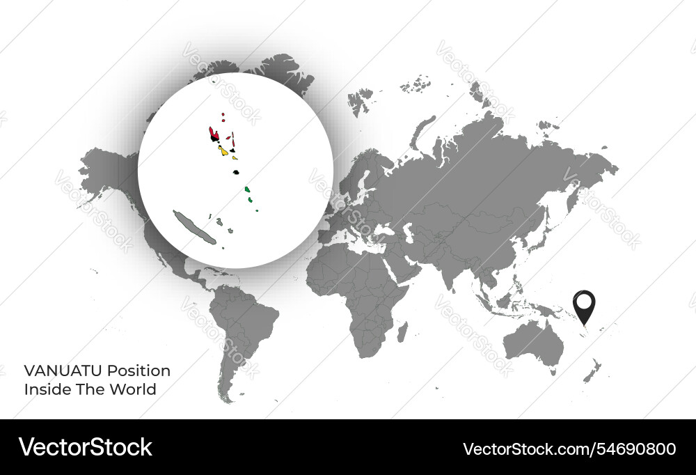 Vanuatu position inside the world with flag in map Vector Image