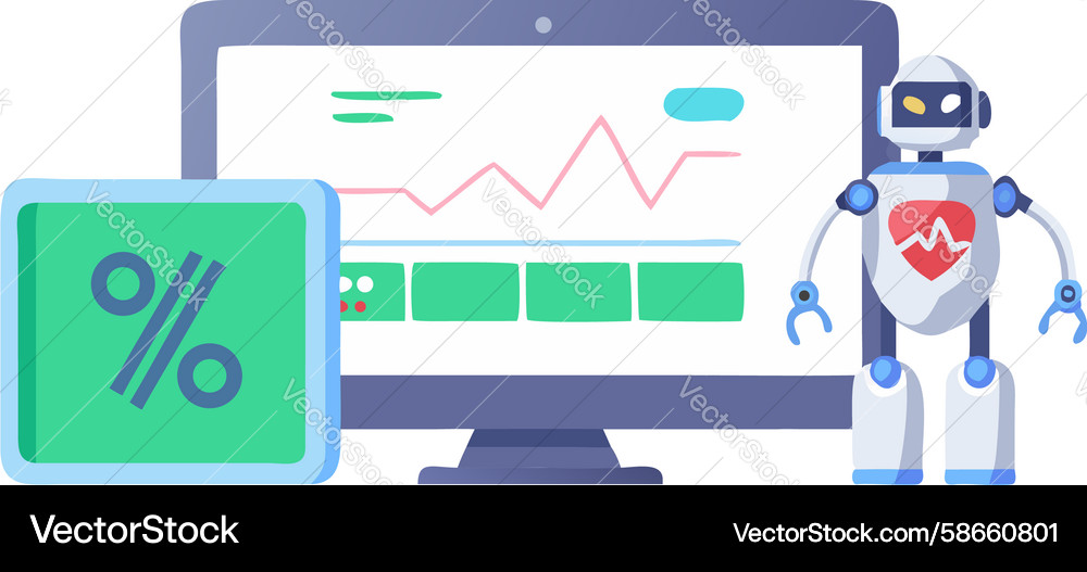 Robot analyzing business metrics on a screen Vector Image