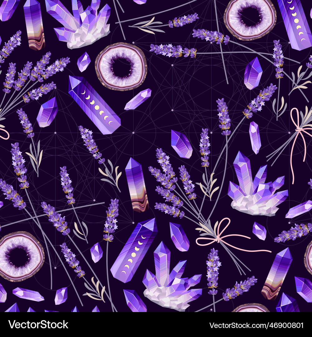 Seamless pattern with lavender and geodes vector image