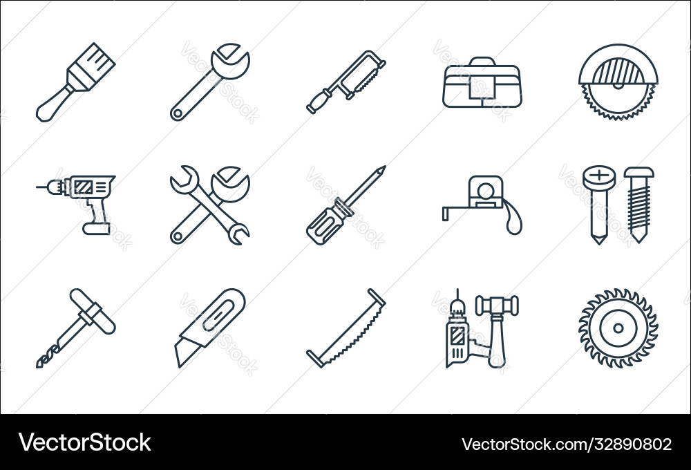 Carpentry line icons linear set quality Carpentry line icons linear set quality vector image