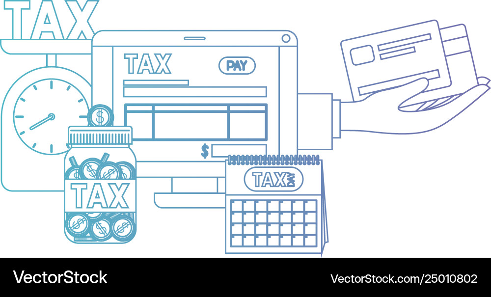 Computer with tax on line and set icons Computer with tax on line and set icons Vector Image