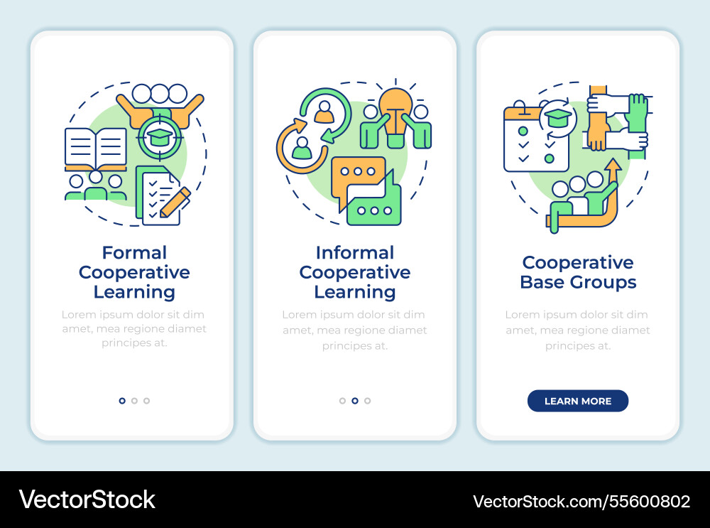 Cooperative learning types onboarding mobile app Cooperative learning types onboarding mobile app Vector Image